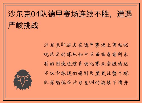 沙尔克04队德甲赛场连续不胜，遭遇严峻挑战