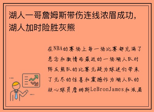 湖人一哥詹姆斯带伤连线浓眉成功，湖人加时险胜灰熊